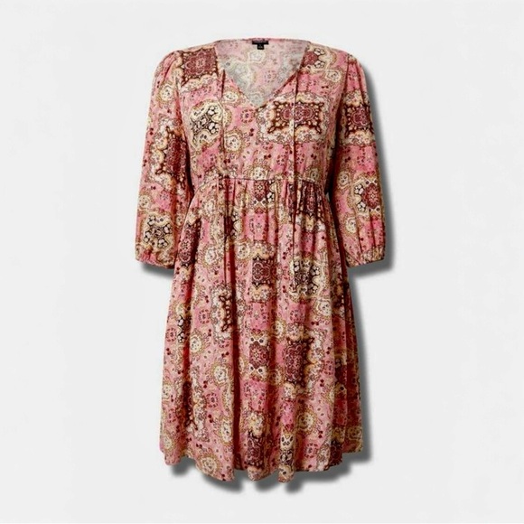 torrid Dresses & Skirts - TORRID Gauze Tunic Skater Dress Size 2X 18/20 Medallion Pink 3/4 Blouson Sleeves